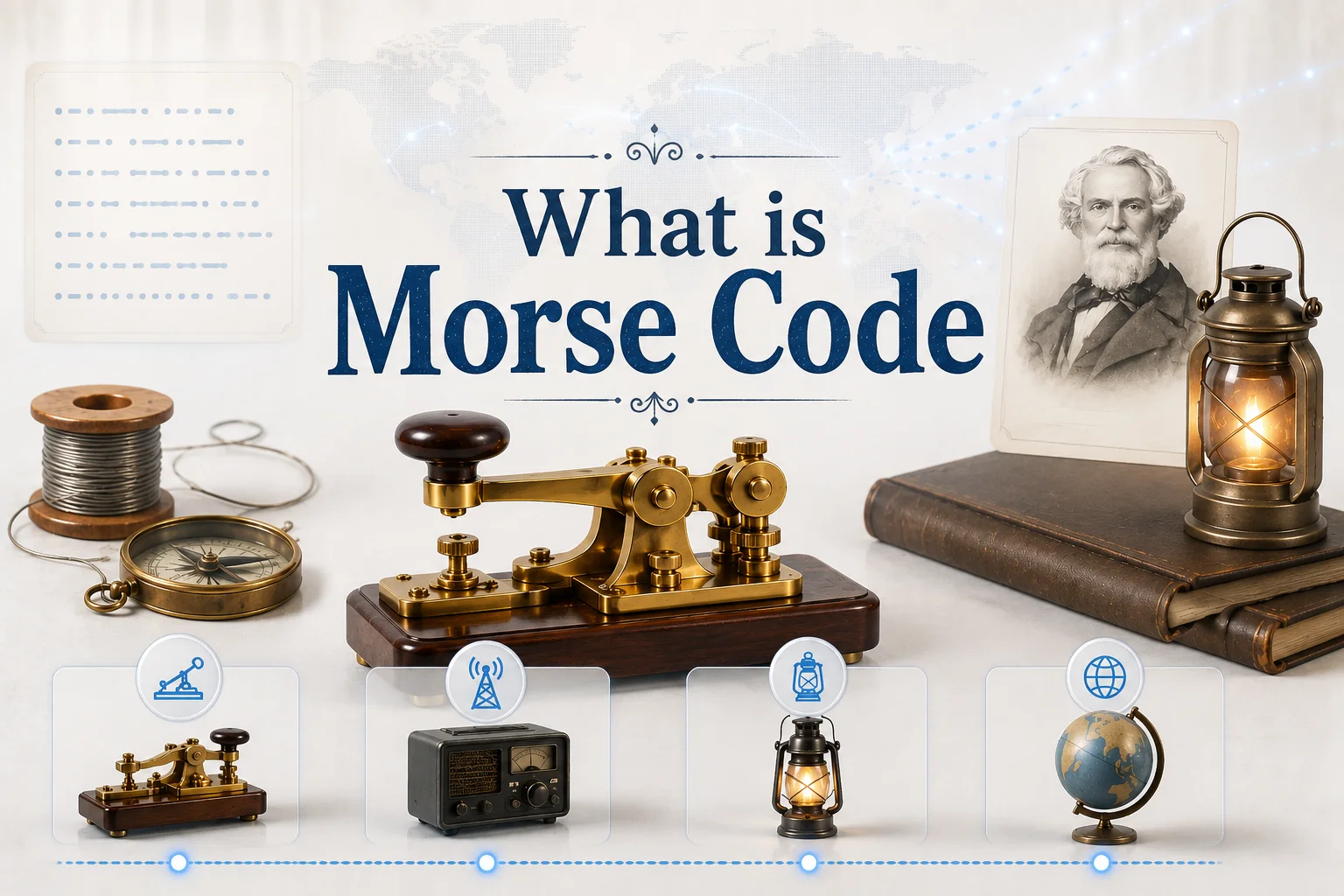 Morse Code Translator 2 What is Morse Code illustration with vintage telegraph key, Samuel Morse portrait, and Morse code translator elements