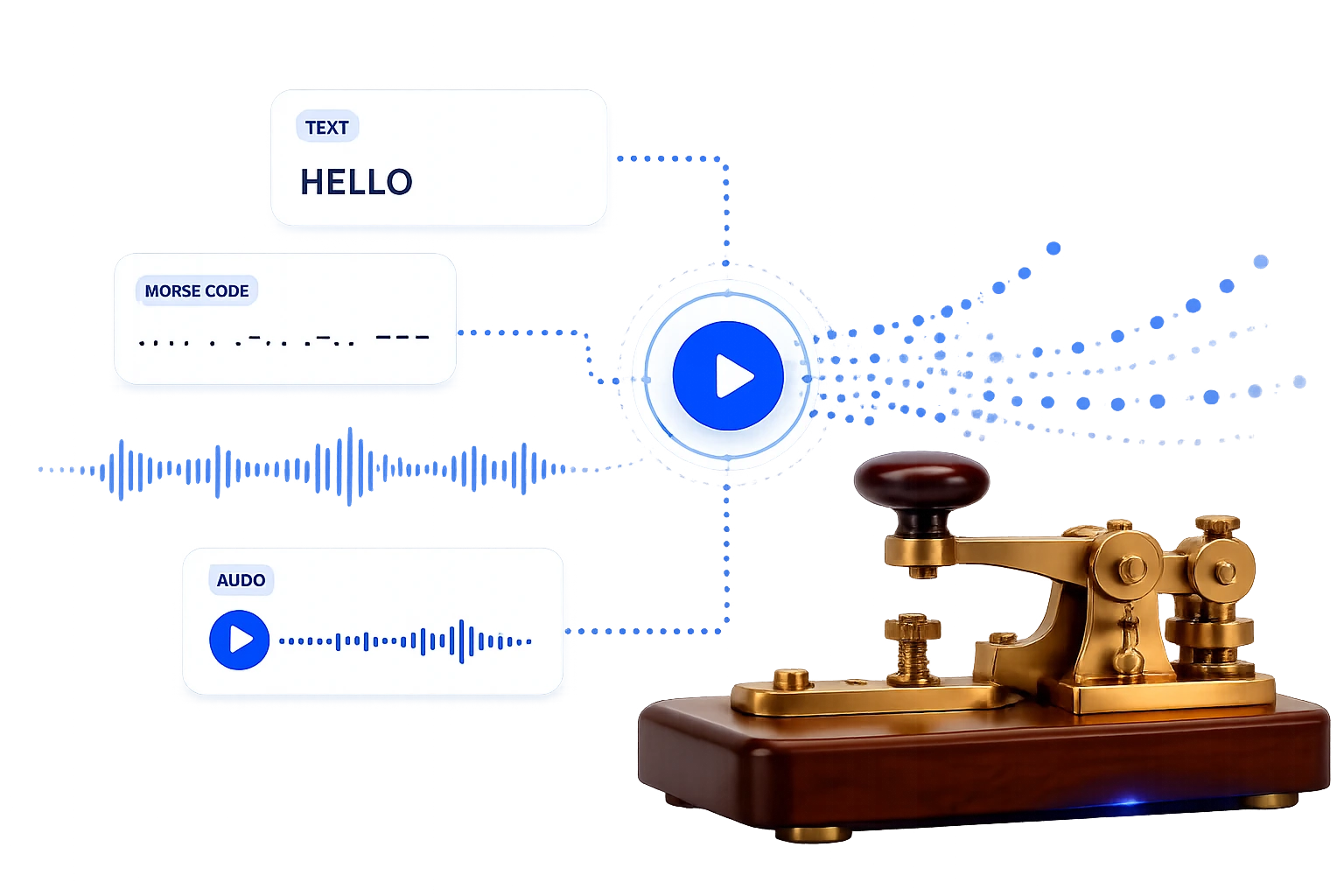 Morse Code Translator 1 Morse code translator interface showing text, Morse code, audio waveform, and vintage telegraph key